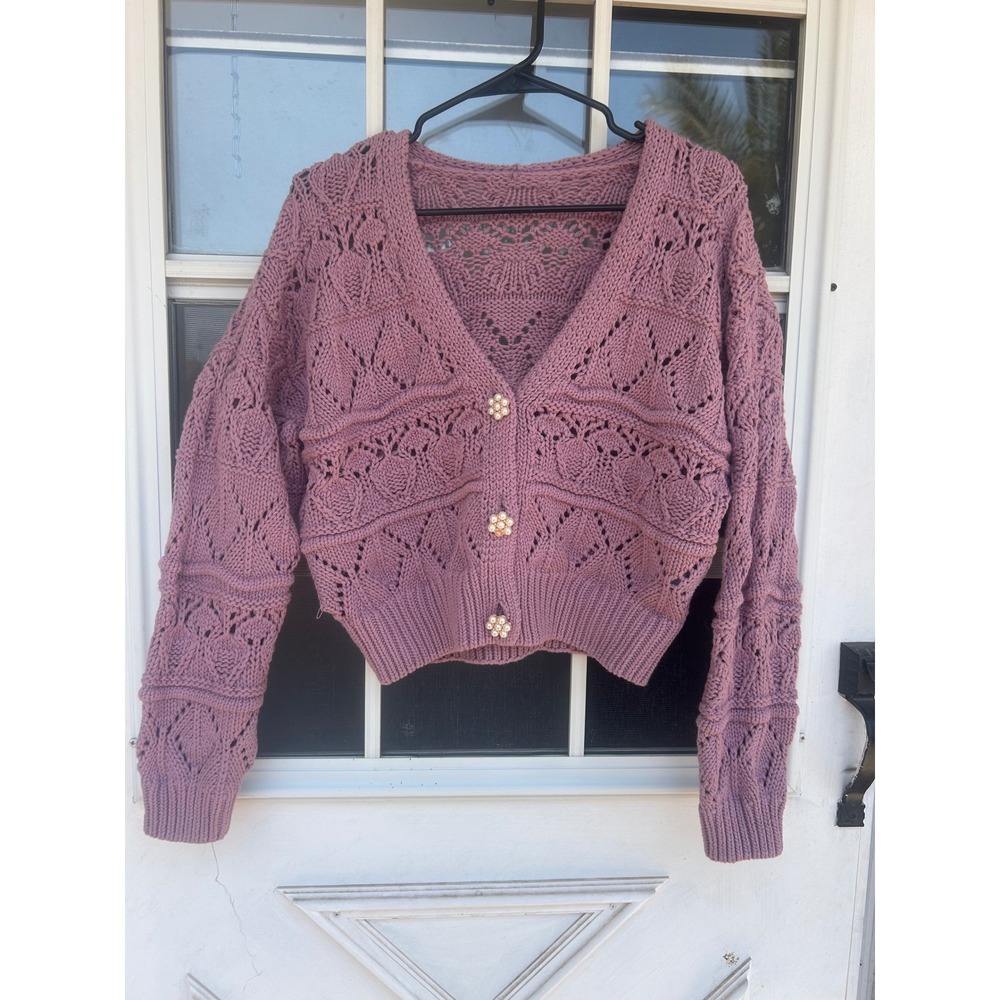Vivance Mauve Cotton Pointelle Cropped Cardigan Pearl Flower Buttons M Soft Girl